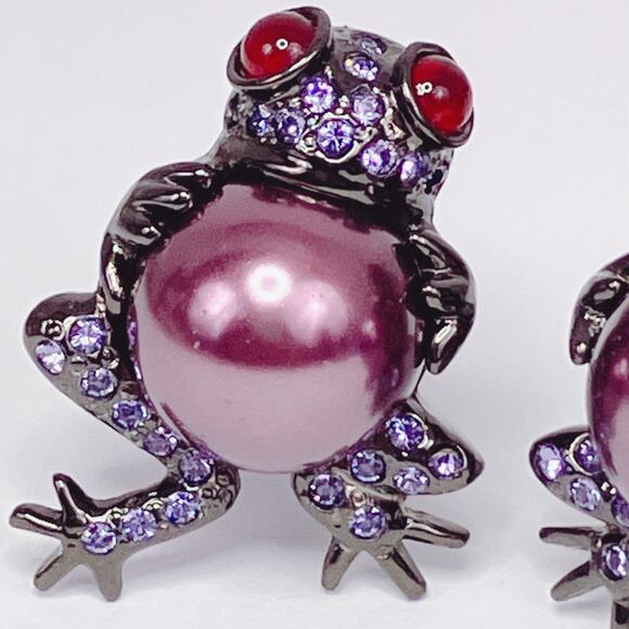 Joan Rivers Signed Frog Earrings Rhinestones Fx Pearl Clip On Vintage Whimsical - Picture 6 of 11